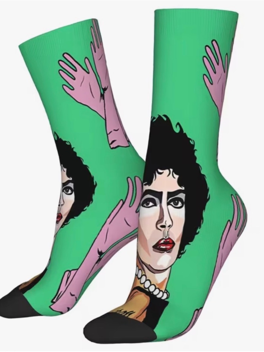 Rocky horror frank n furter Graphic Green Crew Socks with Portrait Design